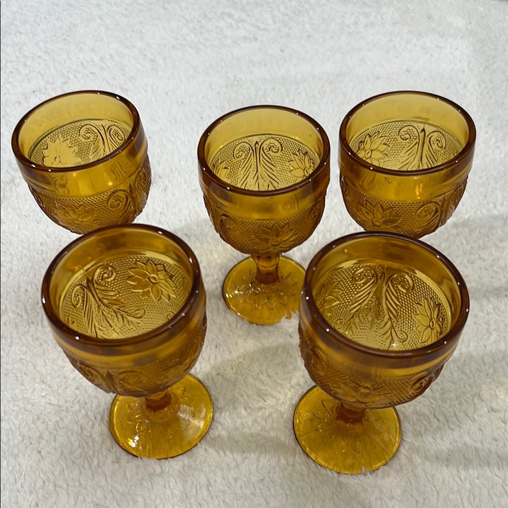 Indiana Glass Tiara Pattern Amber Small Wine Cordial Goblets, Set of 5